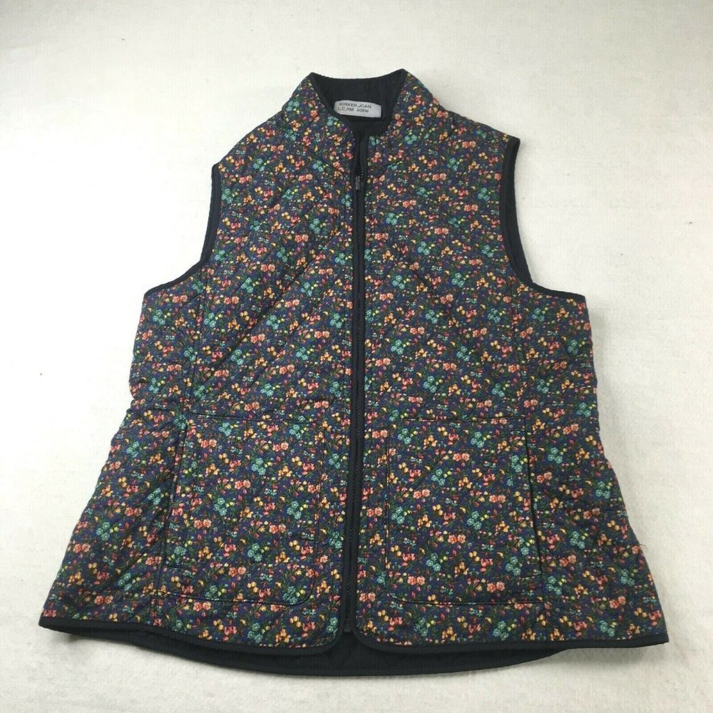 Quilted Reversable Vest Womens Large Floral Navy Blue Pockets Lightweight Hike